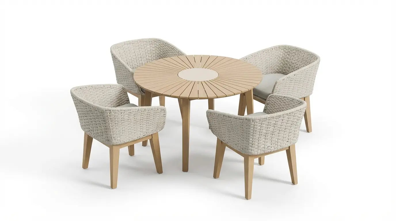 Image of Roma 4 Seater Round Sunray with Terrazzo Insert Dining Set with Eden Dusk Chairs
