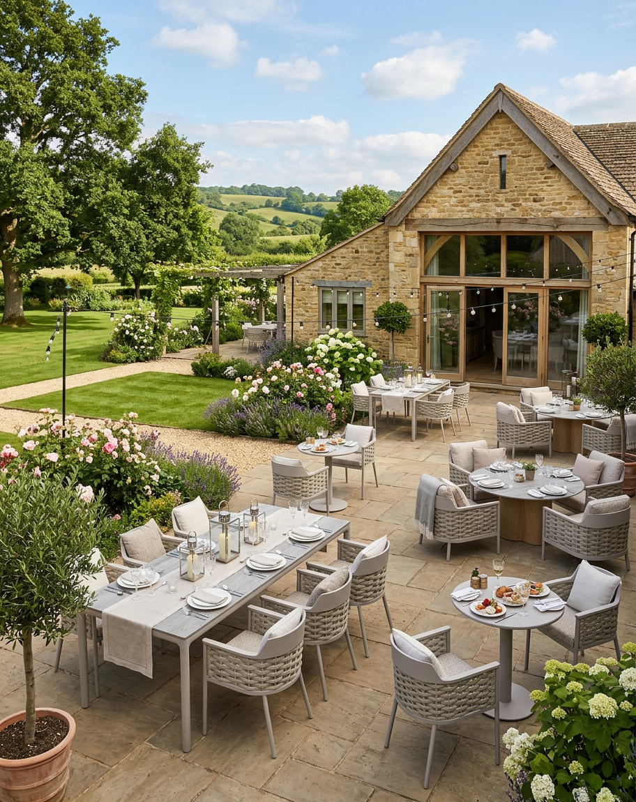 Image of Outdoor dining area with tables and chairs in a garden setting.