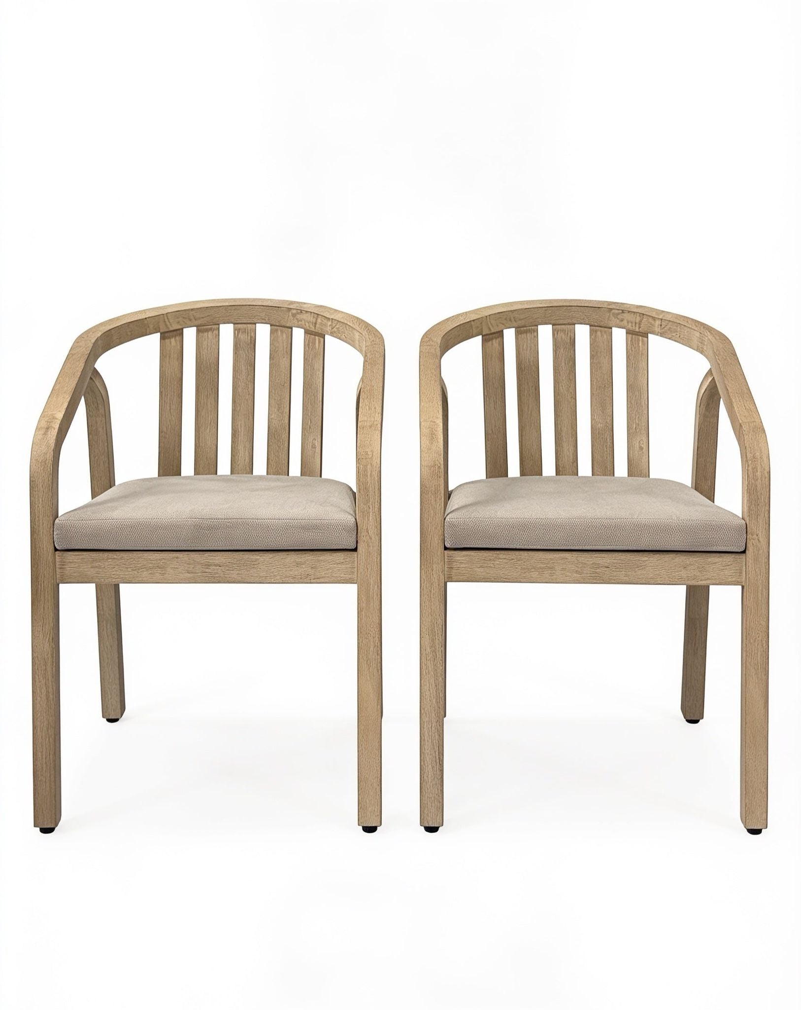 Image of Two matching wooden dining chairs with curved armrests, vertical slat backs, and light beige upholstered seats, shown side by side on a white background.