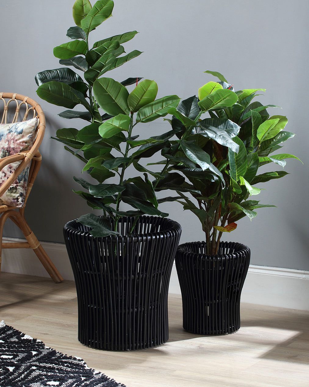 Image of Set of 2 Black Rattan Plant Baskets