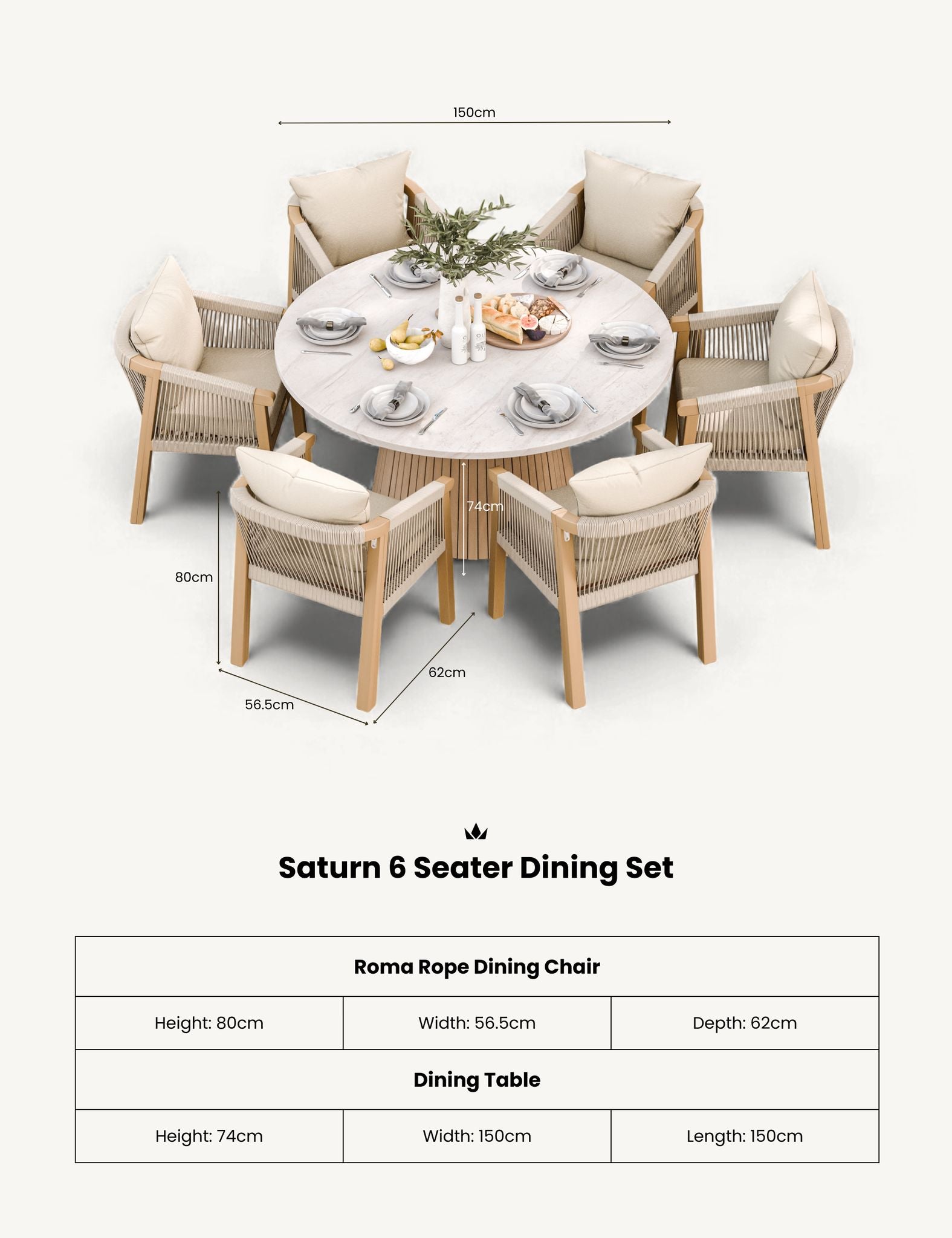 Saturn 6 Seater Round Conical Dining Set with Roma Dining Chairs