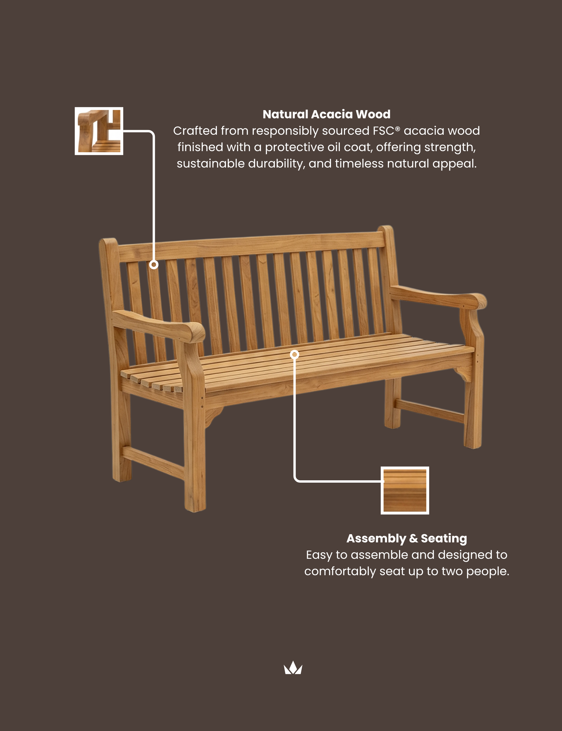 Image of Wooden bench with text on natural acacia wood and assembly/seating features against a dark background.