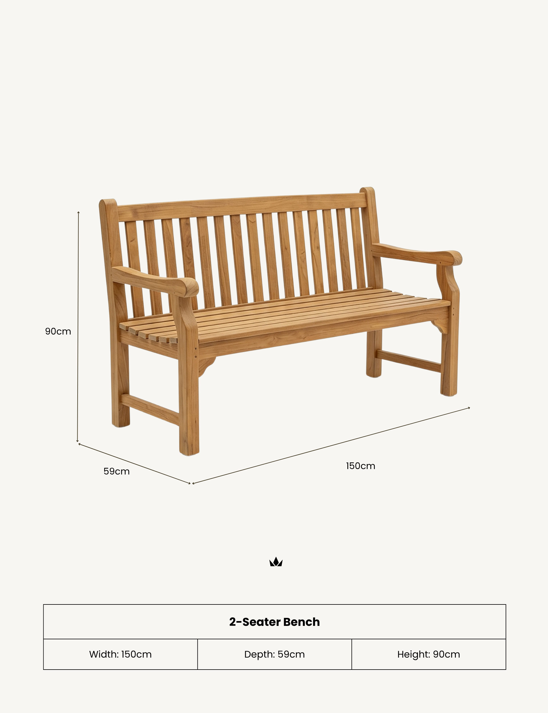 Image of Wooden 2-seater bench with dimensions on a white background
