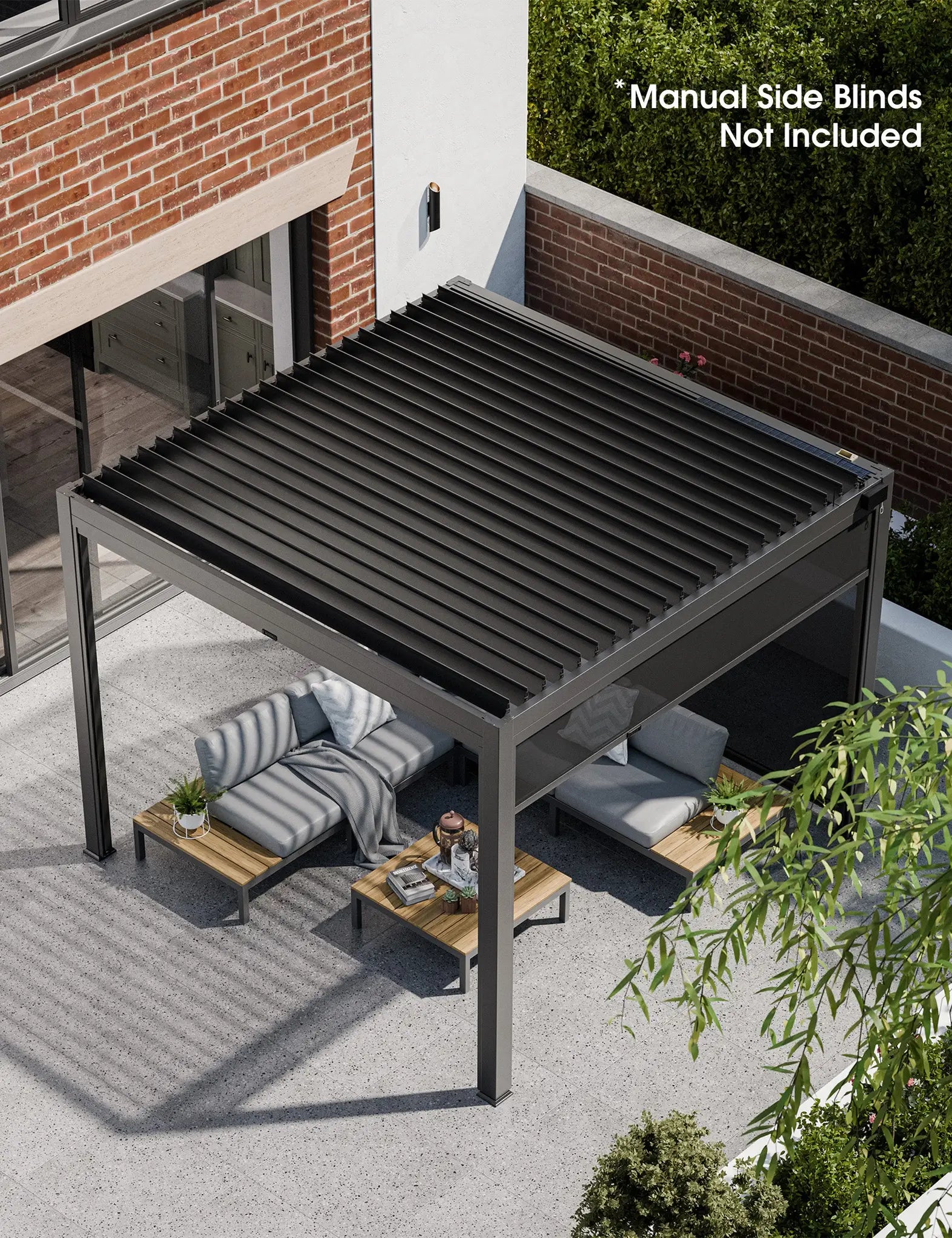Image of Overhead view of black pergola with fully closed roof panels