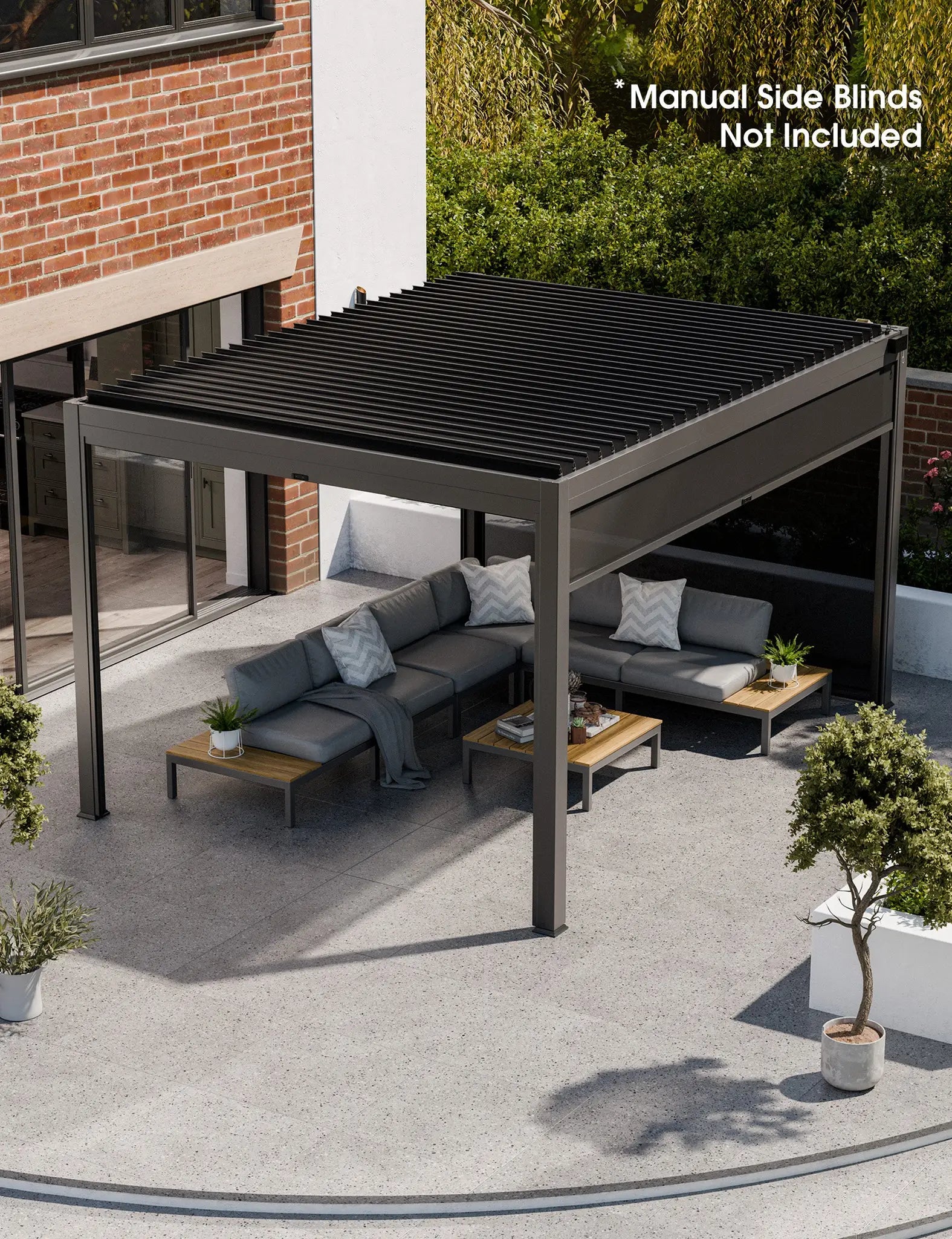 Modern black pergola without side blinds, with grey sofas on patio
