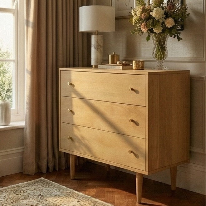 Image of Minimalist Mango Wood Light Oak Oslo Chest of 3 Drawers