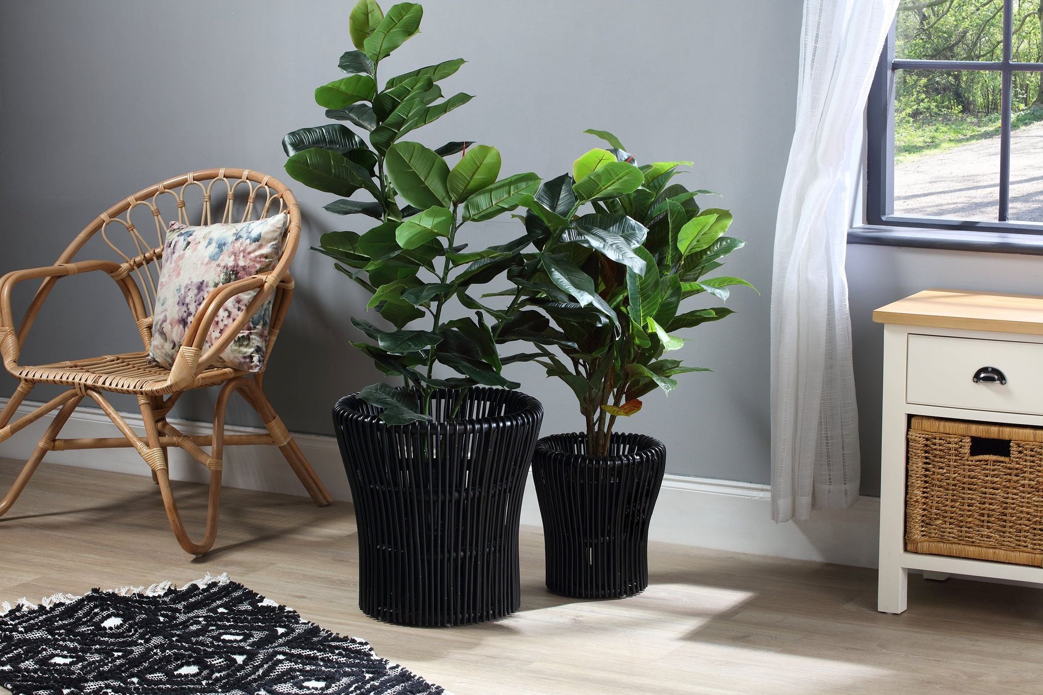 Image of Set of 2 Black Rattan Plant Baskets
