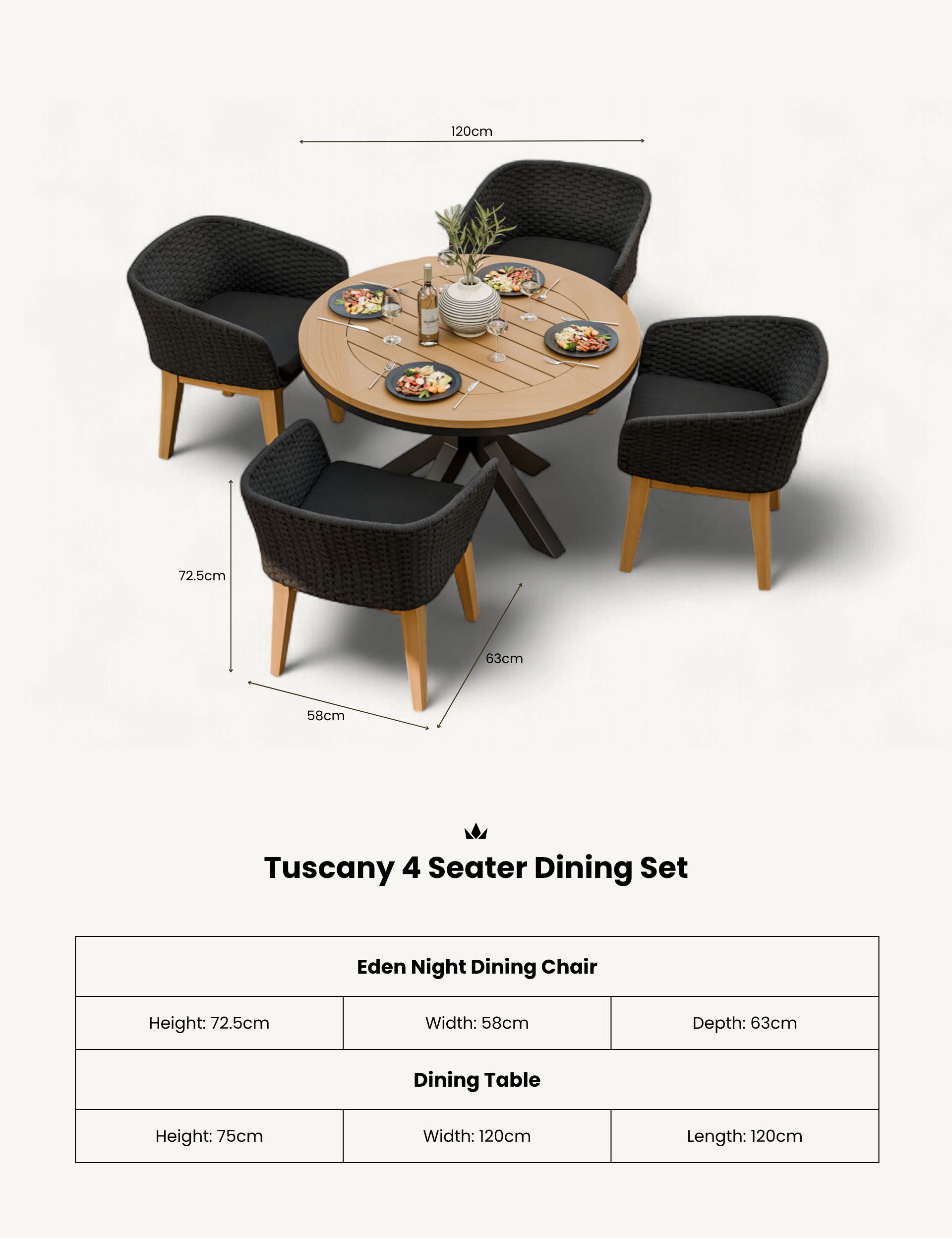 Tuscany 4 Seater Round Dining Set with Eden Night Dining Chairs