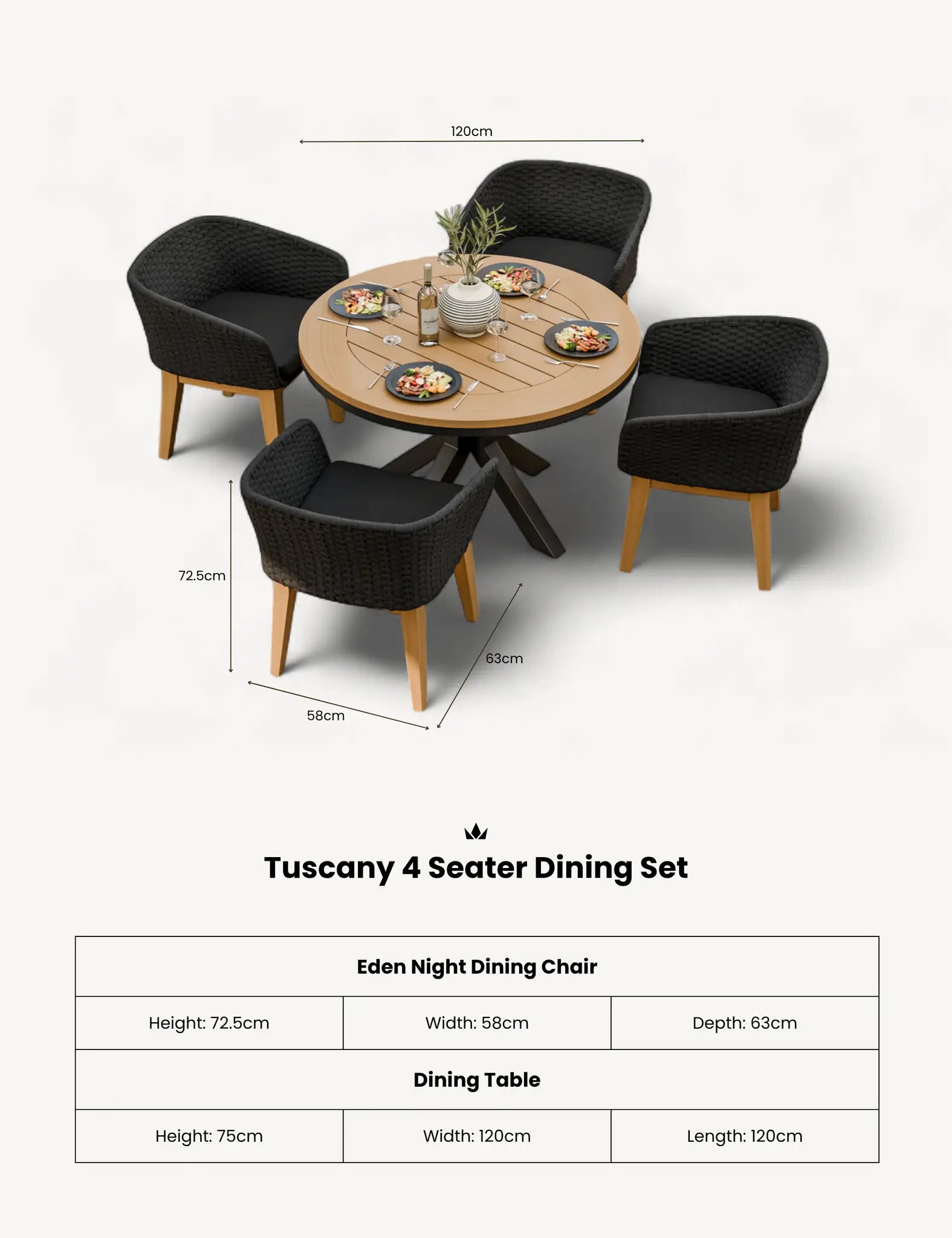 Tuscany 4 Seater Round Dining Set with Eden Night Dining Chairs