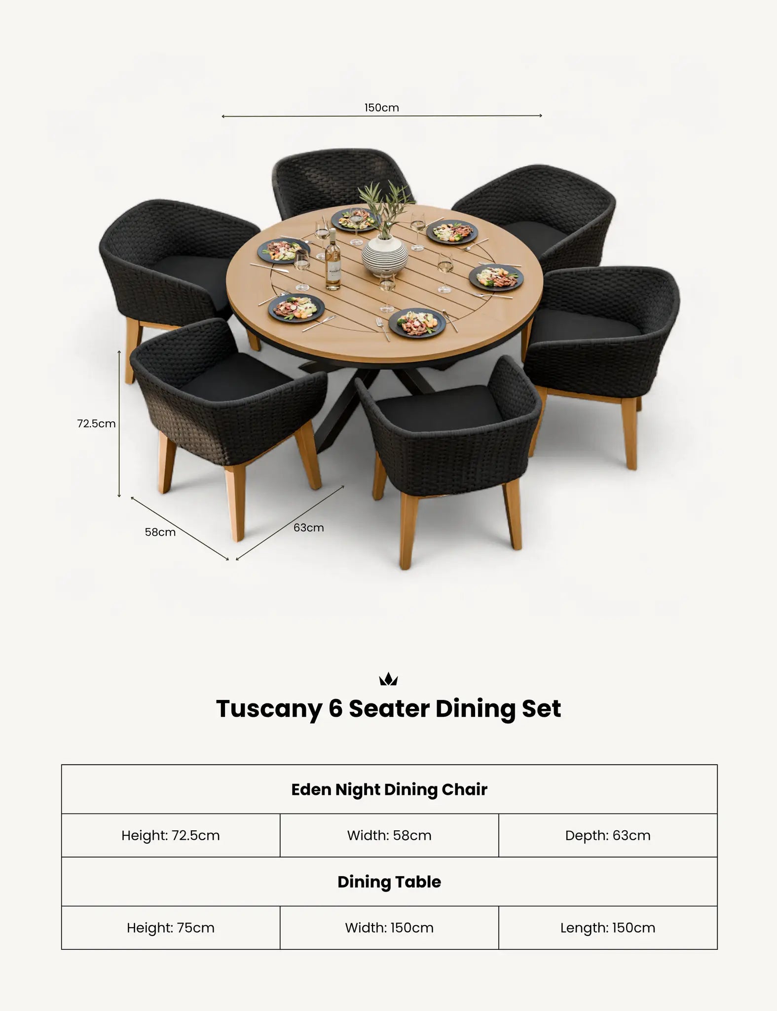 Image of Tuscany 6 Seater Round Dining Set with Eden Night Dining Chairs
