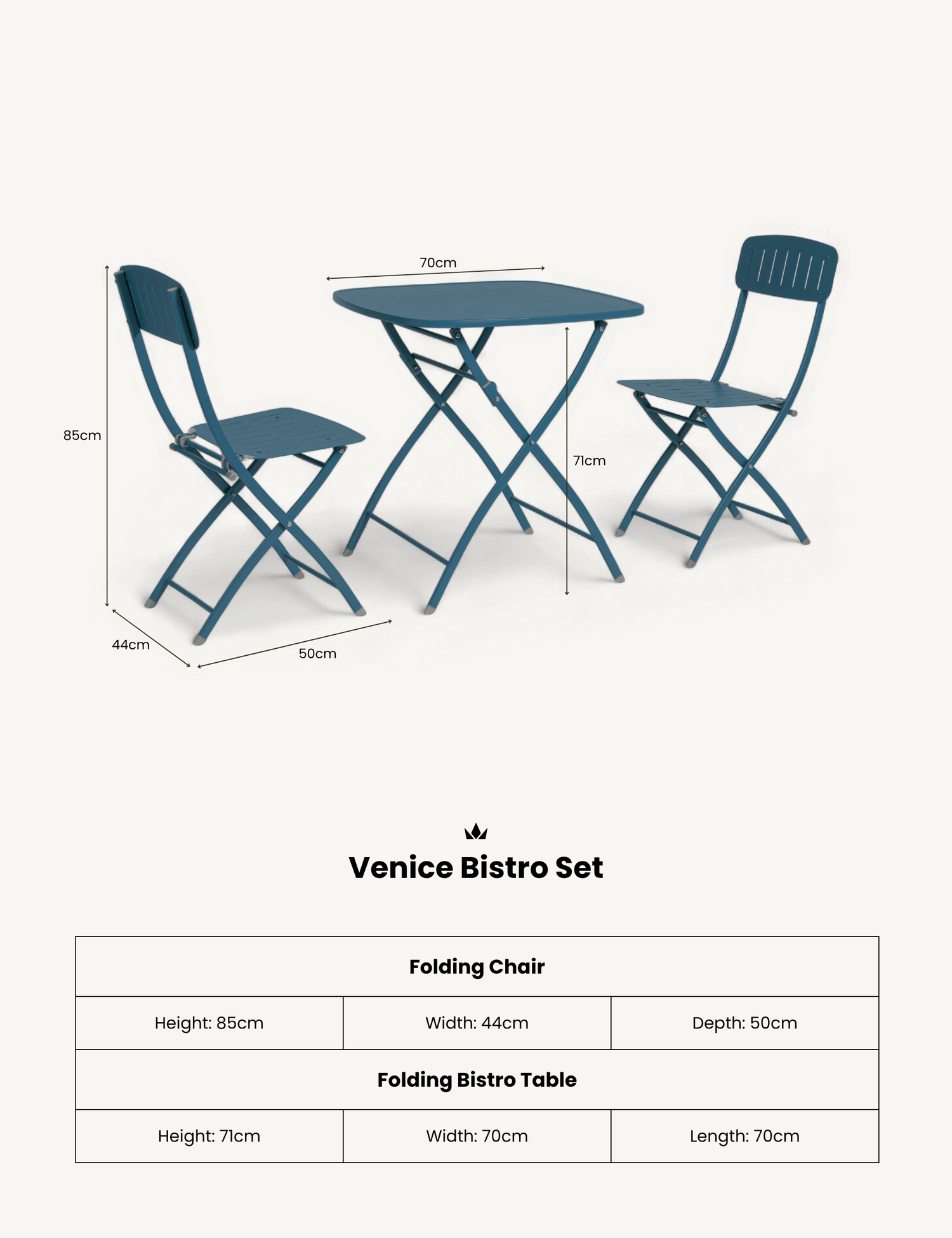 Venice 2 Seater Folding Bistro Set in Caribbean Blue