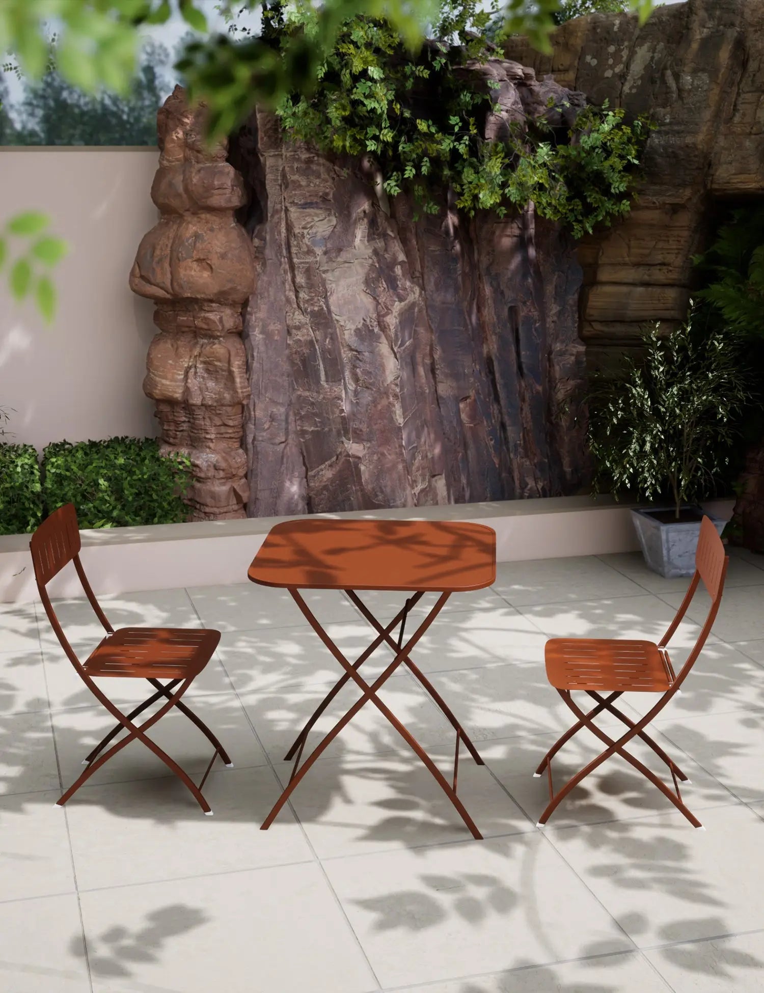 Image of Wooden bistro set with square table and two folding chairs on patio