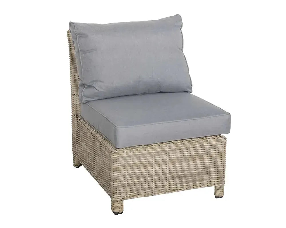 Image of Wicker chair with gray cushions on a white background