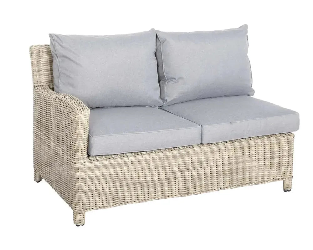 Image of Wicker outdoor sofa with gray cushions on a white background