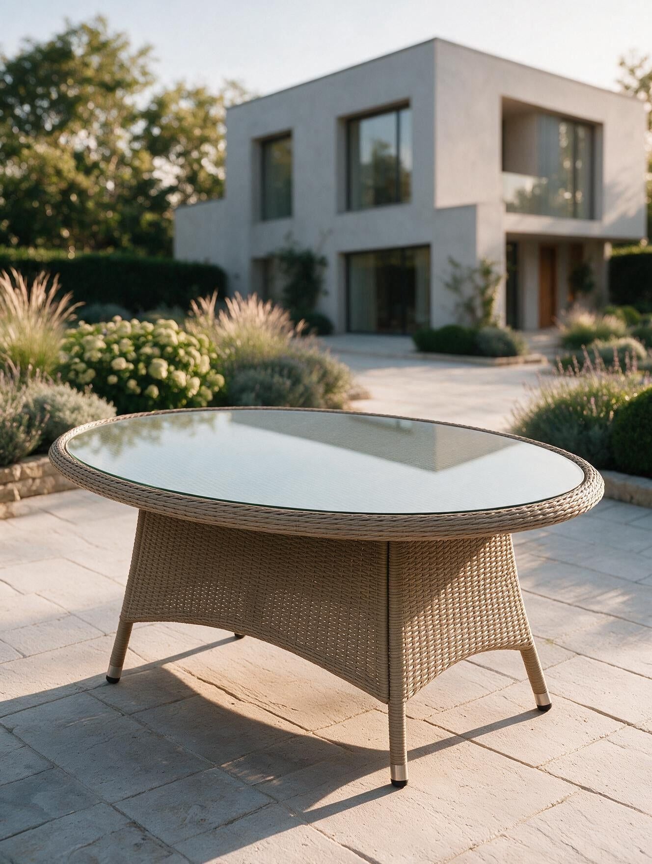 Image of An oval outdoor dining table with a woven wicker-style base and a clear glass top, placed on a stone patio in front of a modern house.