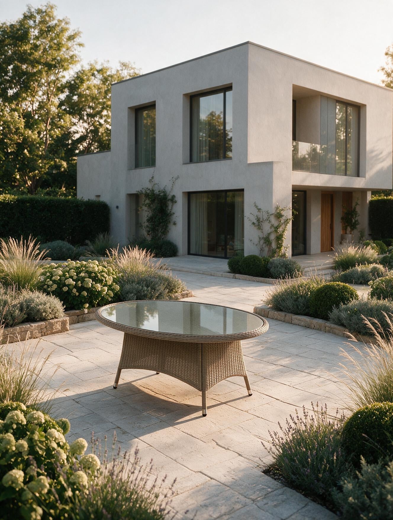 Image of A modern outdoor patio scene with a round glass-top dining table in the foreground, set on a light stone paver surface in front of a contemporary two-story house with large windows and landscaped greenery.