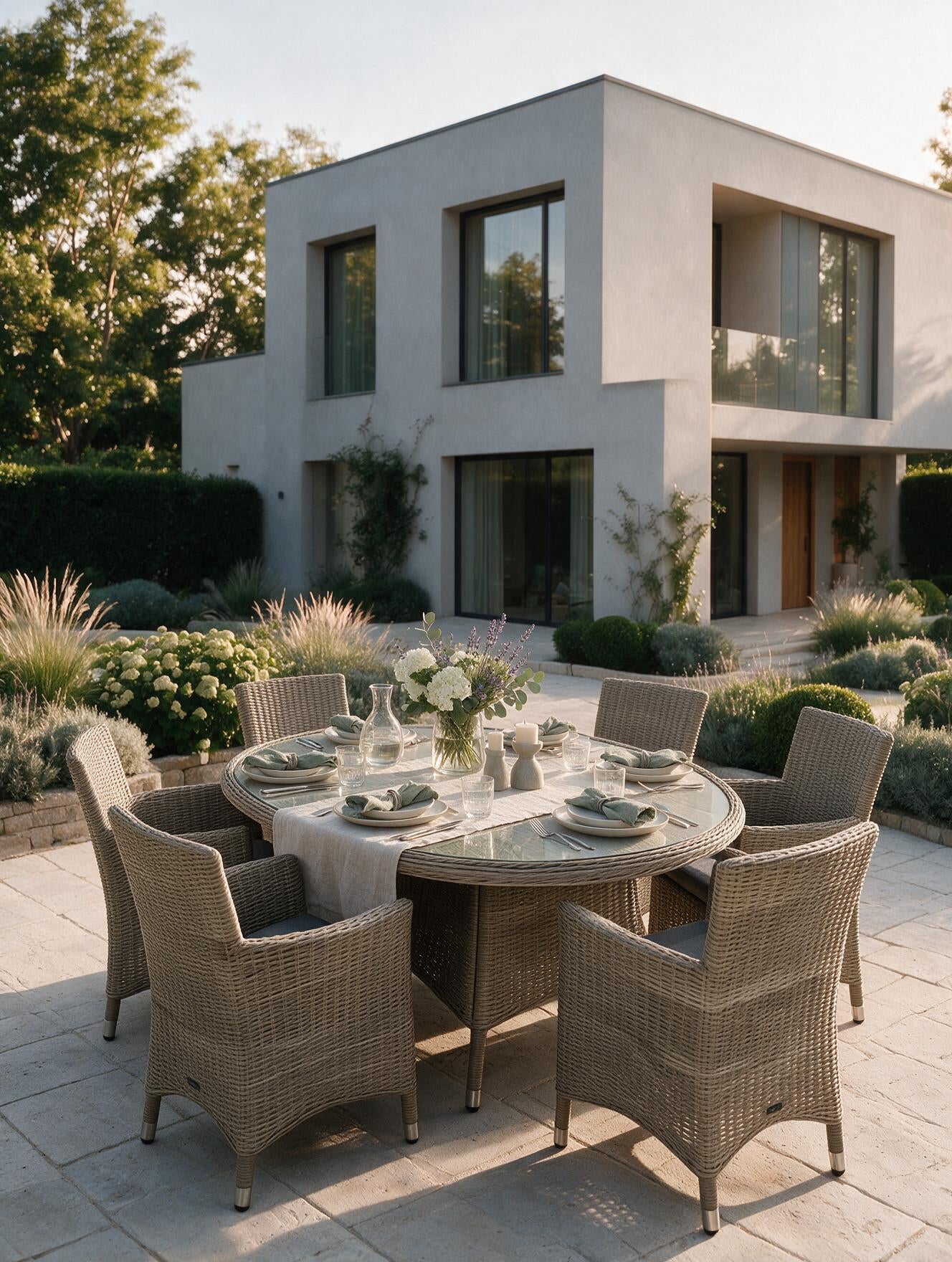 Image of An outdoor dining set consisting of a round wicker table and six matching armchairs, styled on a stone patio in front of a modern house.
