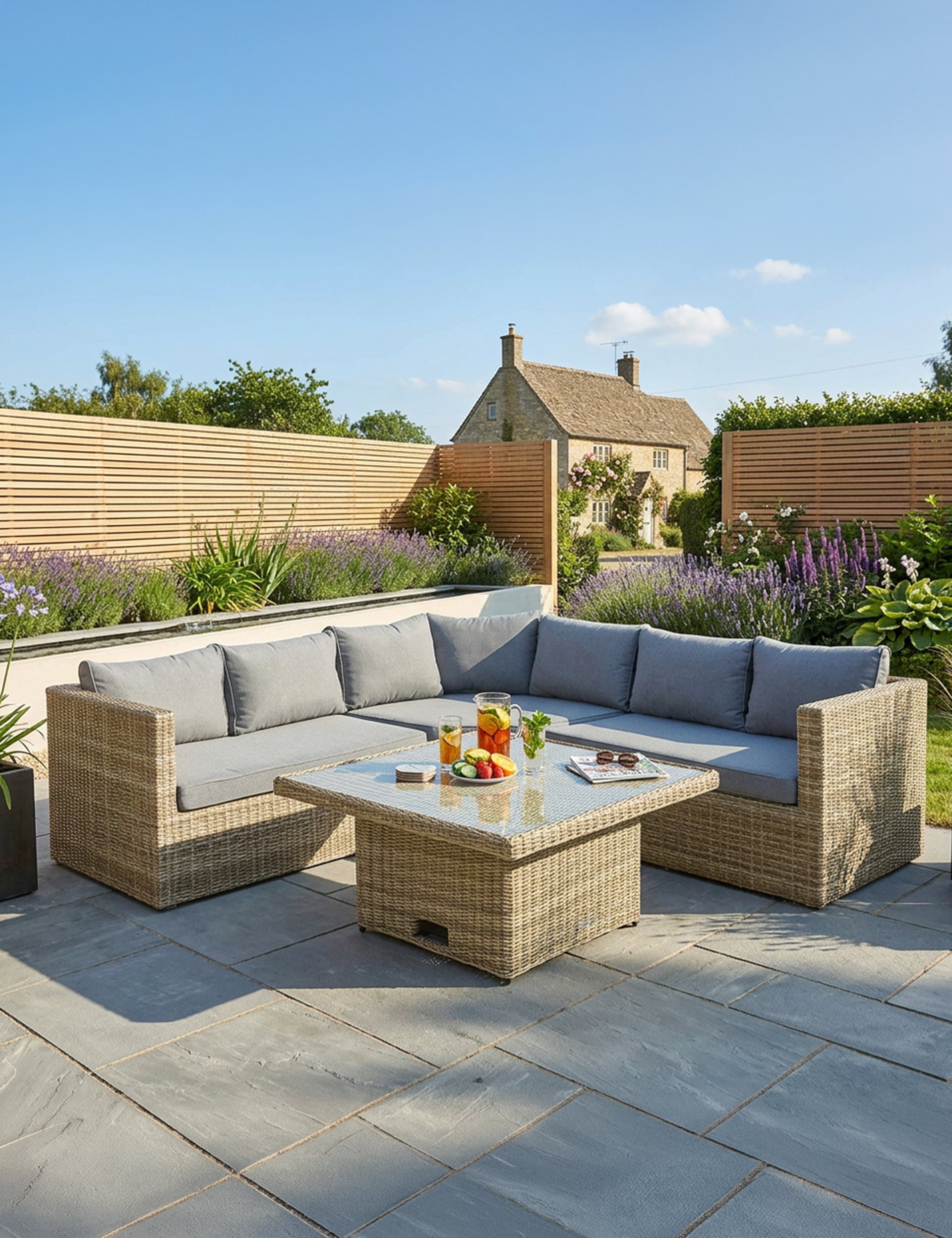 Image of Outdoor patio set with sectional sofa and coffee table on a stone patio.