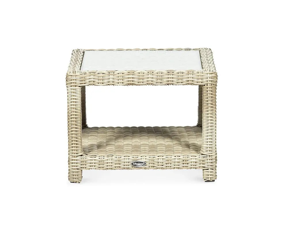 Image of Wicker side table with a glass top on a white background