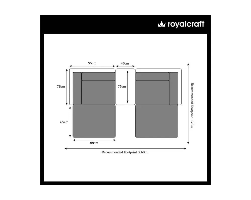 Image of Measurement chart for a piece of furniture with dimensions and Royalcraft branding.