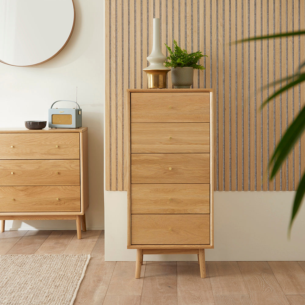 Image of Wright Oak Tallboy Chest of 5 Drawers