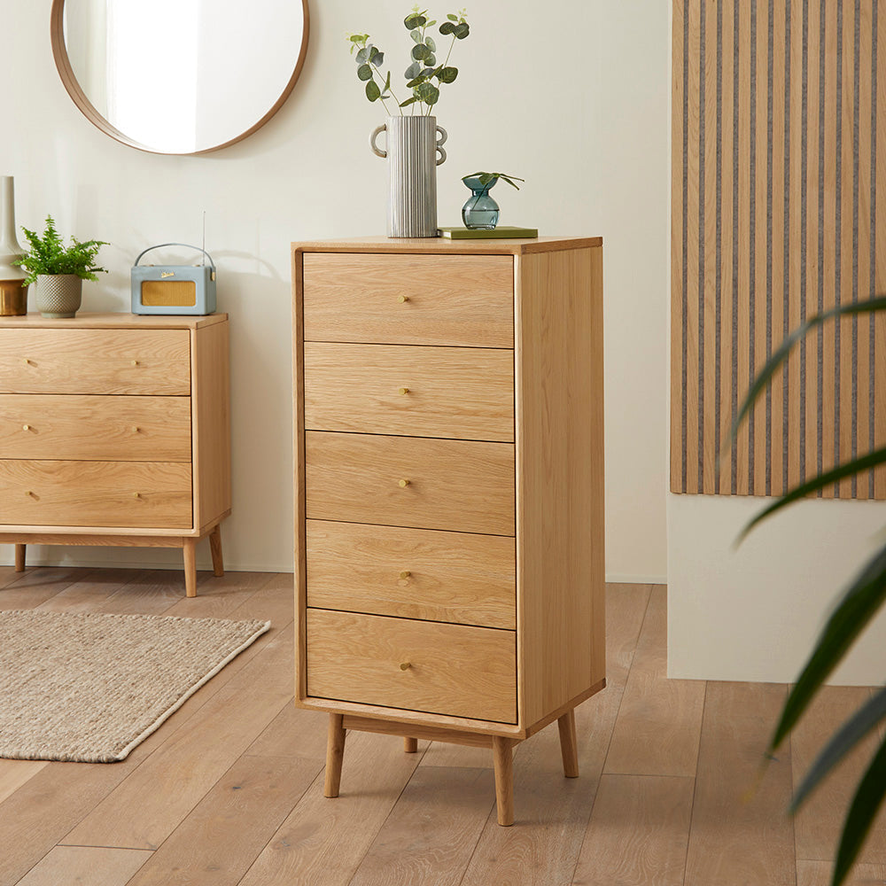 Image of Wright Oak Tallboy Chest of 5 Drawers