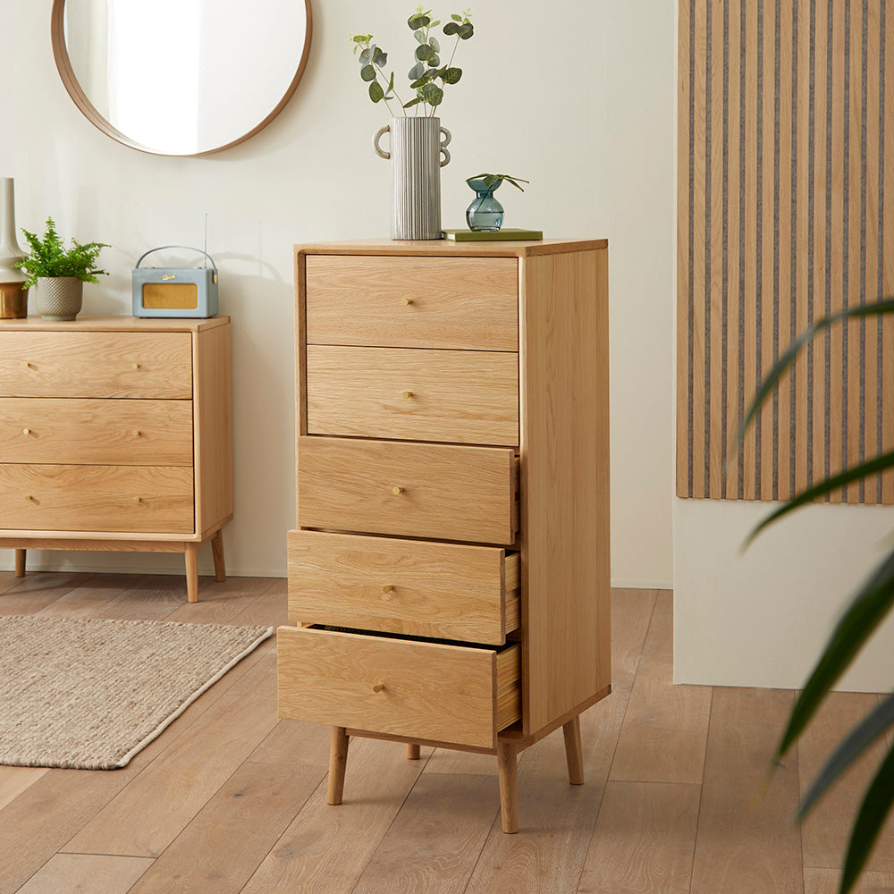 Image of Wright Oak Tallboy Chest of 5 Drawers