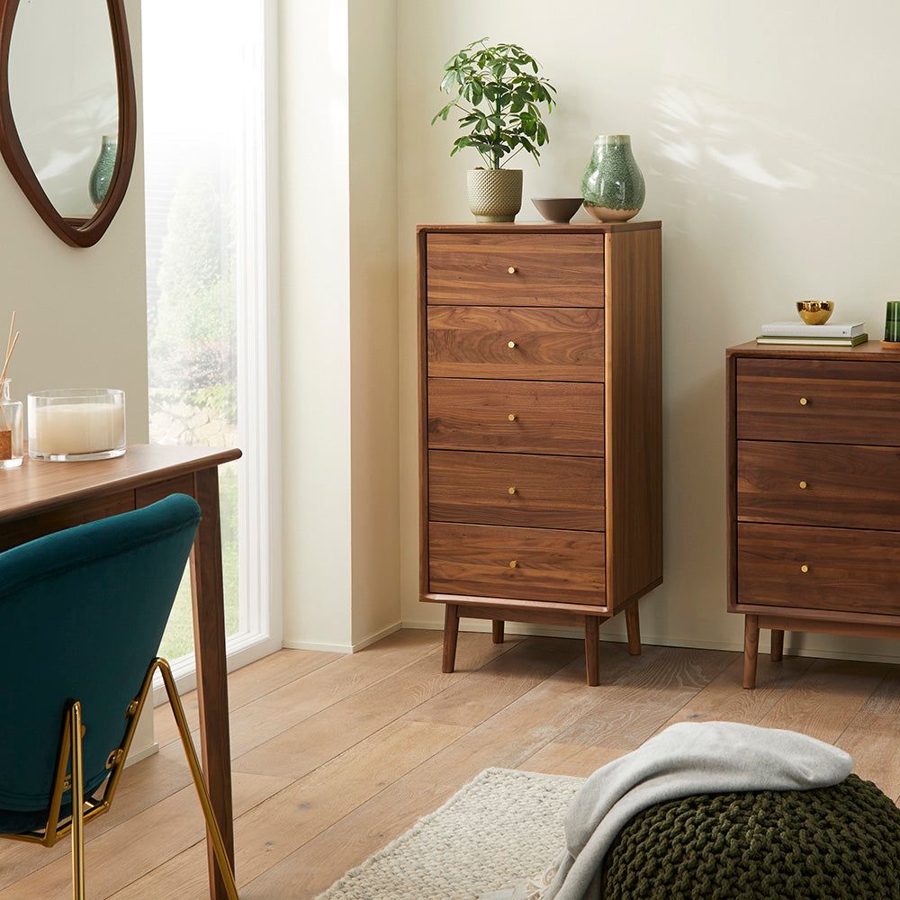 Image of Wright Walnut Tallboy Chest of 5 Drawers
