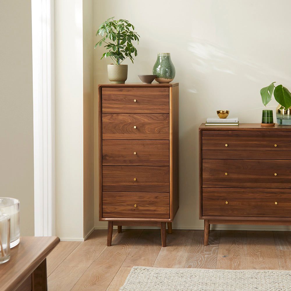 Image of Wright Walnut Tallboy Chest of 5 Drawers