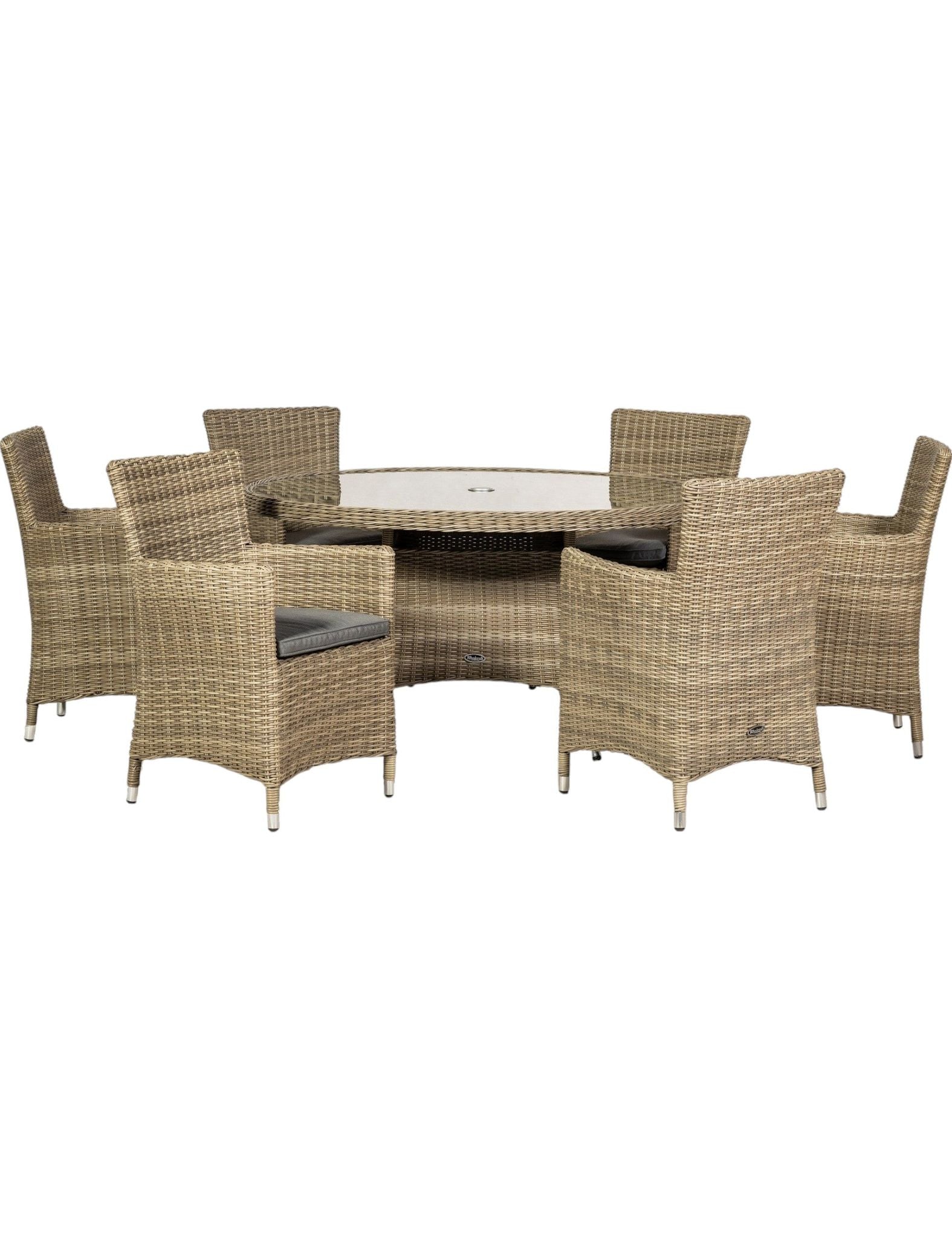Image of Outdoor furniture set with round table and wicker chairs on a white background