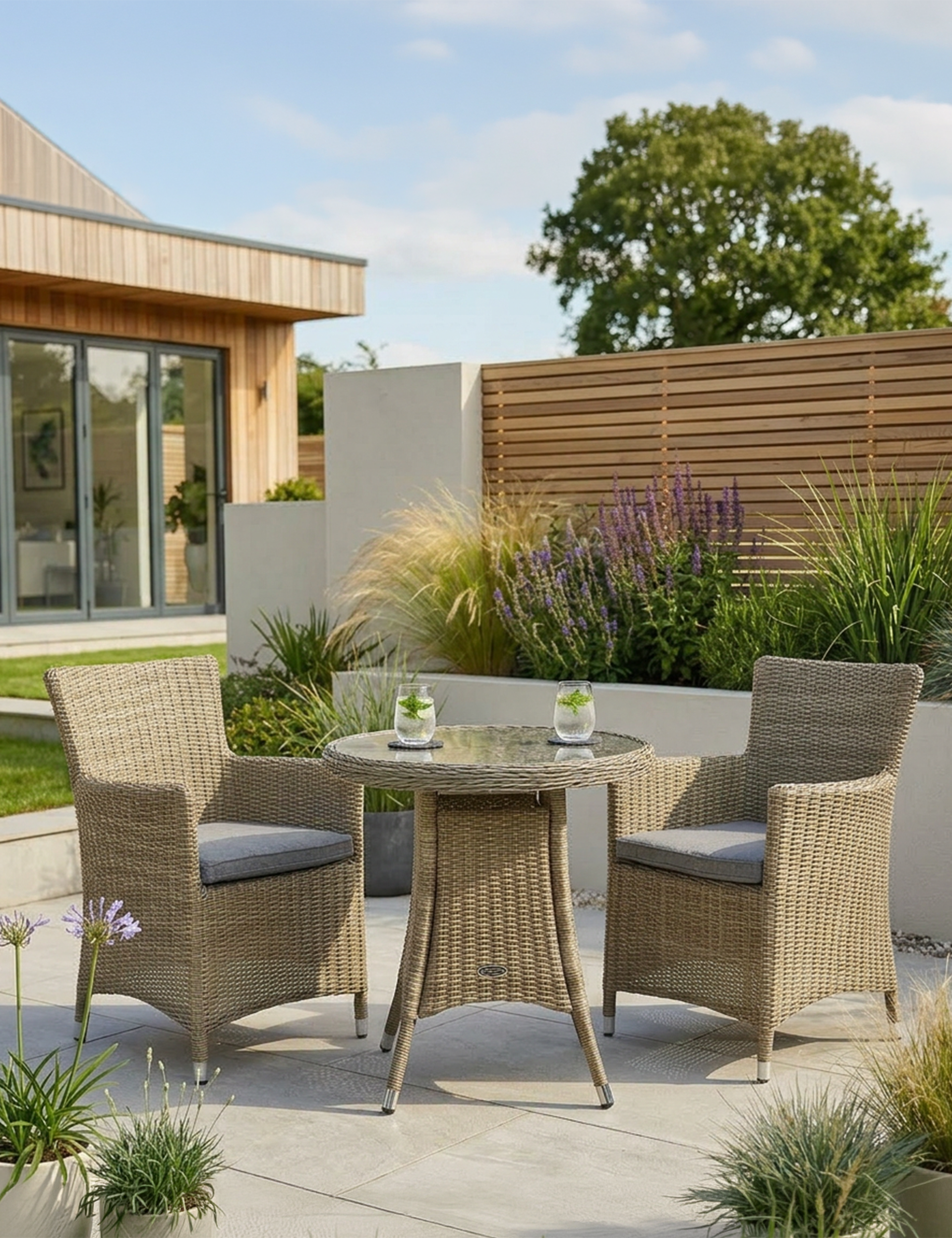 Image of Outdoor patio set with two chairs and a table in a garden setting.