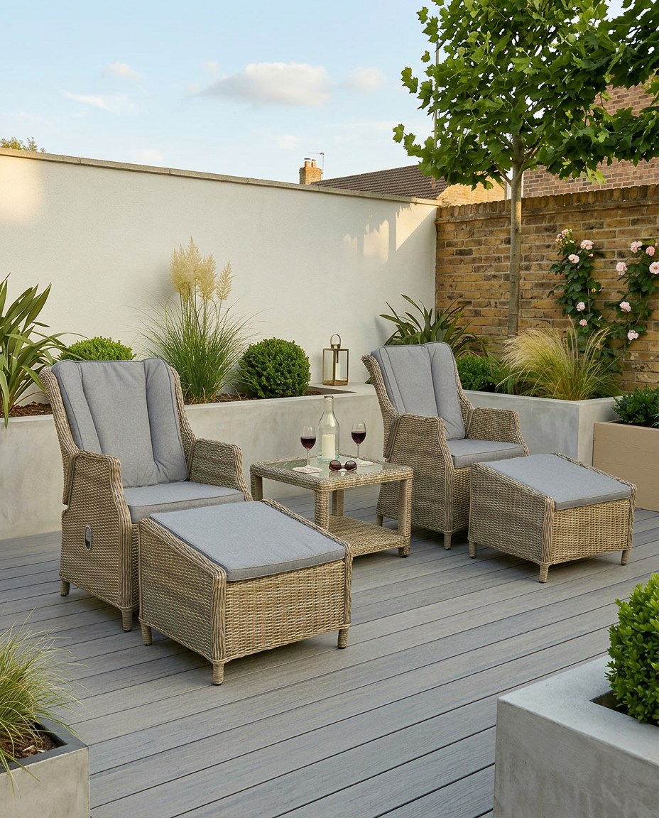 Image of Outdoor patio with wicker furniture, plants, and a clear sky.
