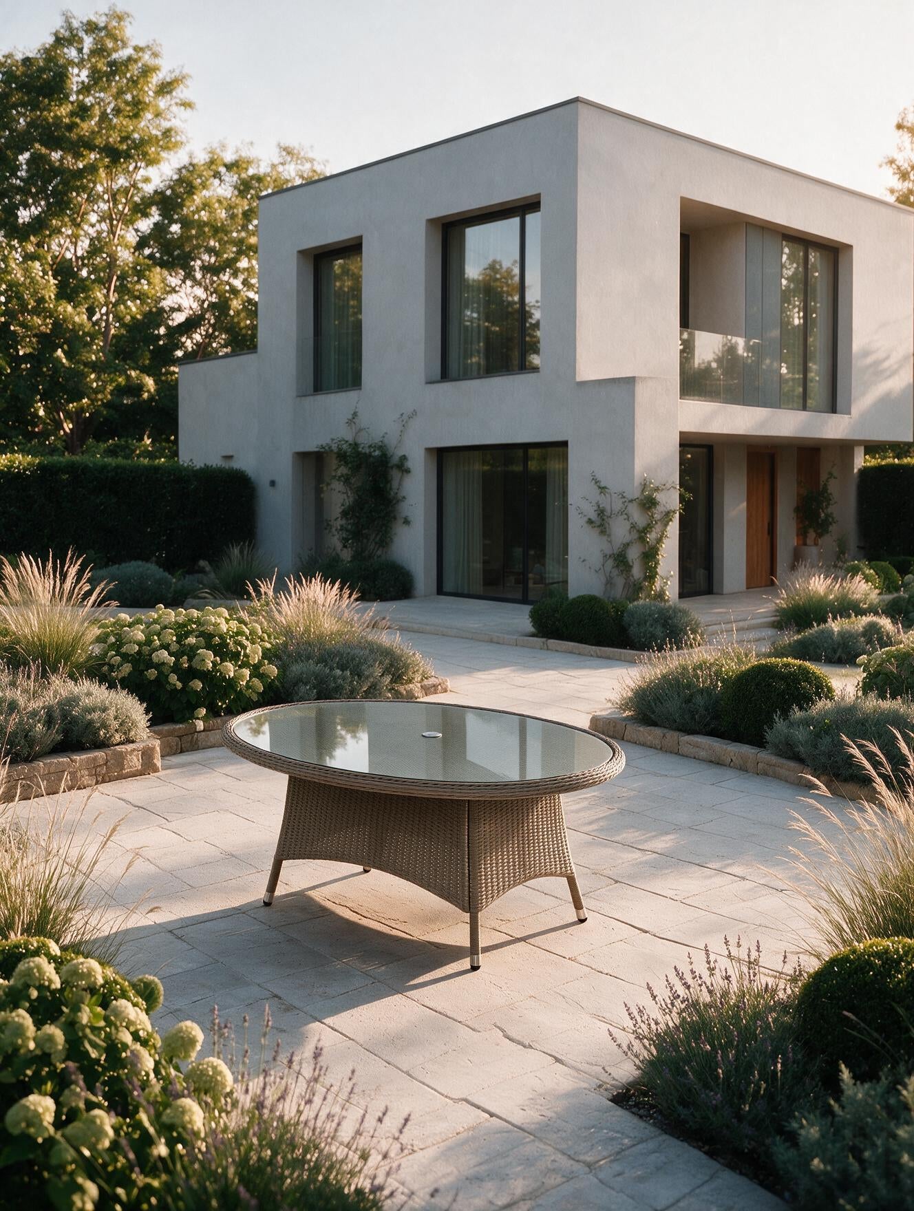 Image of A modern round outdoor dining table with a glass top and rattan base, set on a stone patio in front of a contemporary house with landscaped gardens.