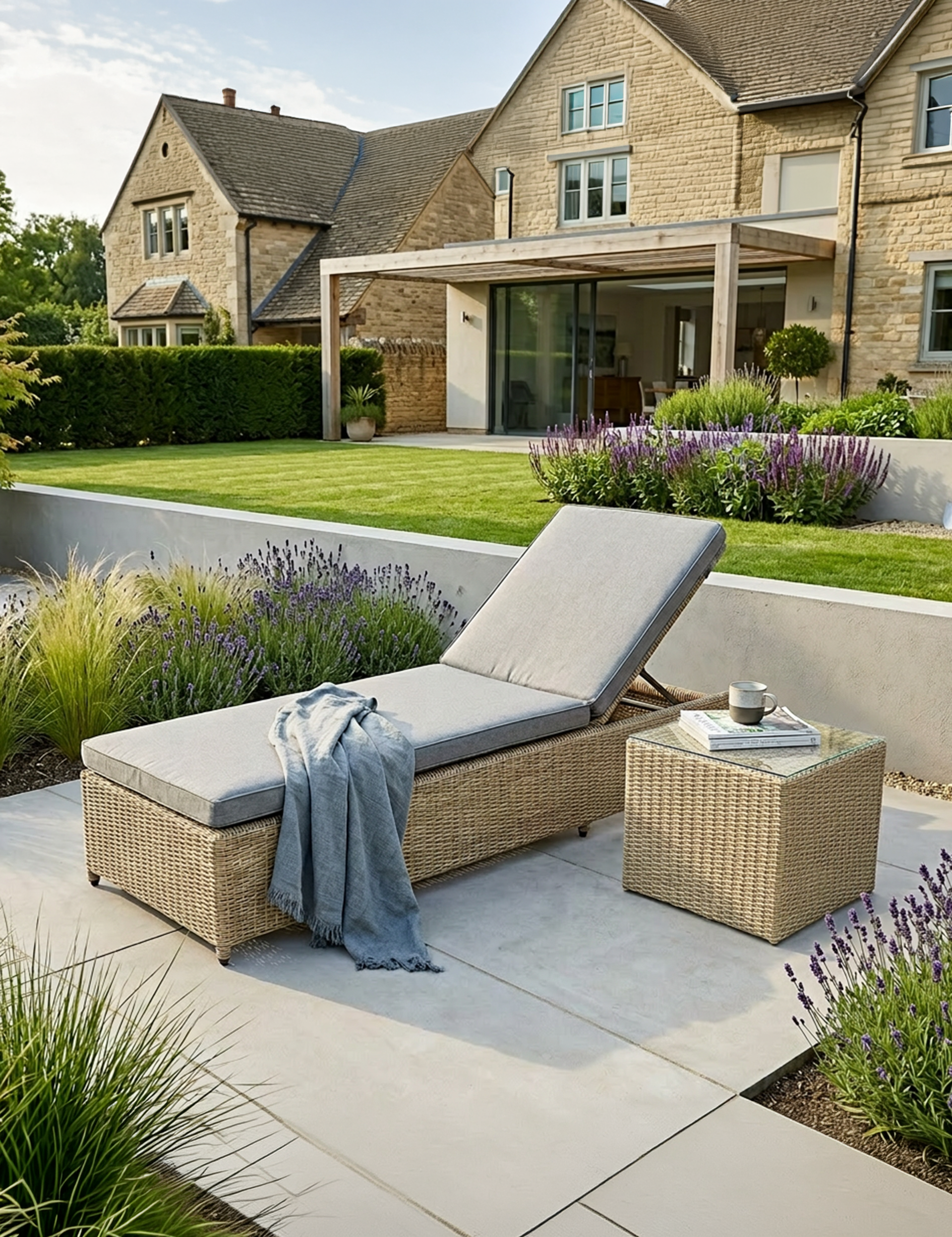 Image of Outdoor patio with lounge chair, small table, and house in the background