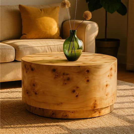 Image of Natural Burl Wood Round Coffee Table with Drum Shape Design, Mota