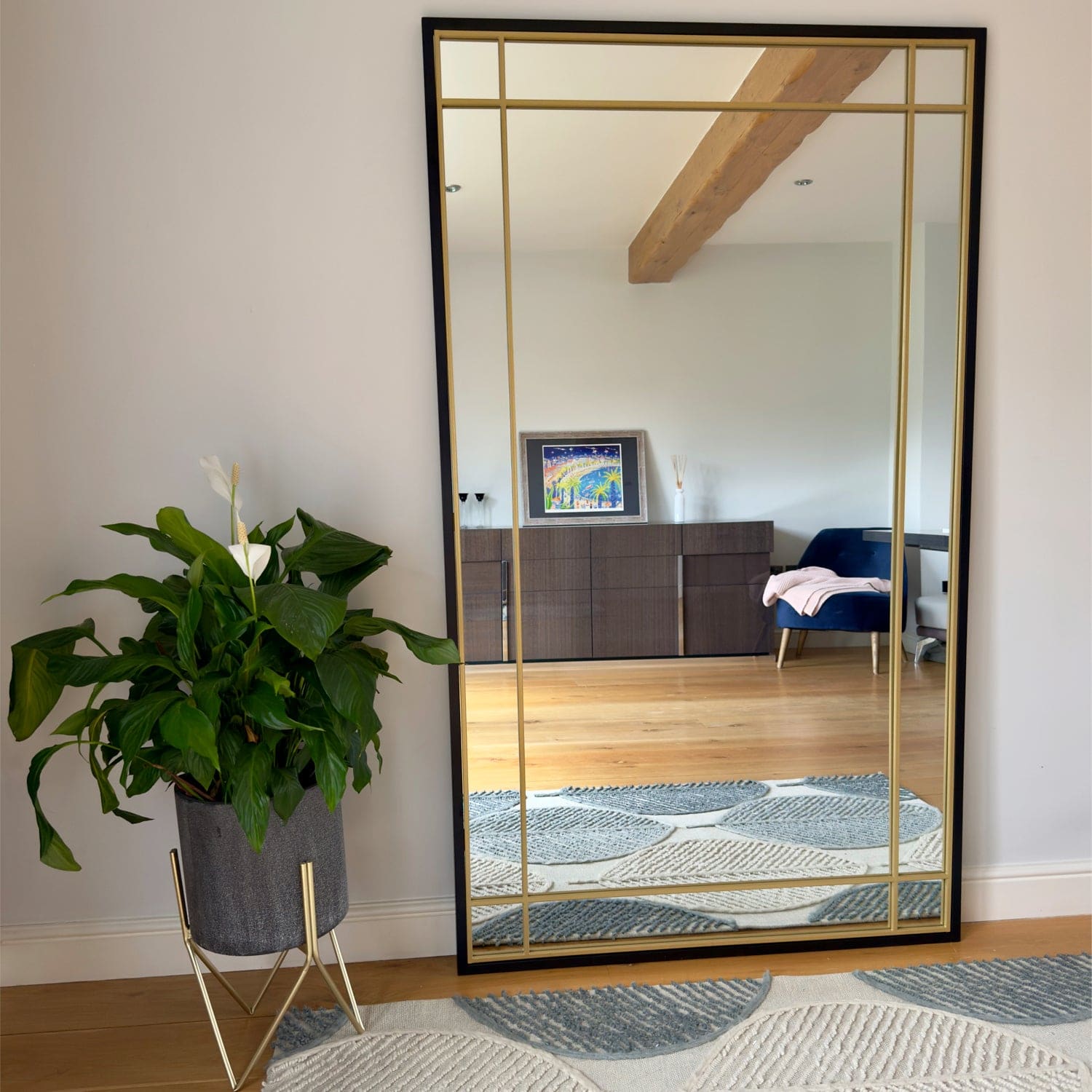 Image of Aimi - Full Length Black & Gold Metal Rectangle Window Mirror - 180cm x 105cm.