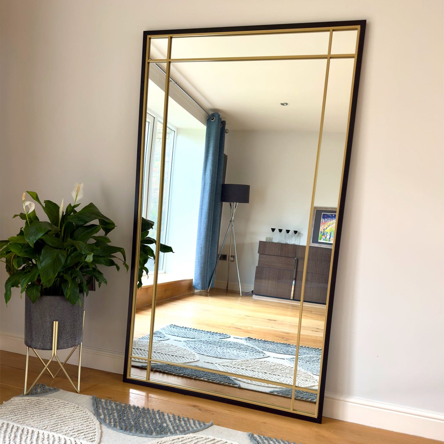 Image of Aimi - Full Length Black & Gold Metal Rectangle Window Mirror - 180cm x 105cm.