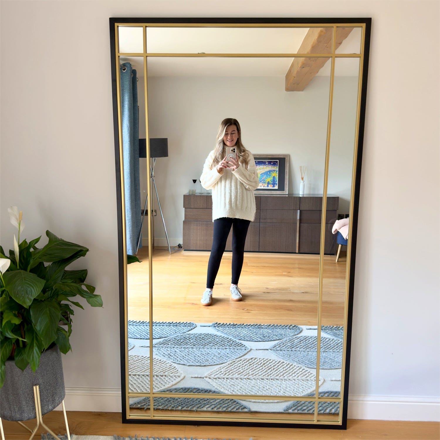 Image of Aimi - Full Length Black & Gold Metal Rectangle Window Mirror - 180cm x 105cm.