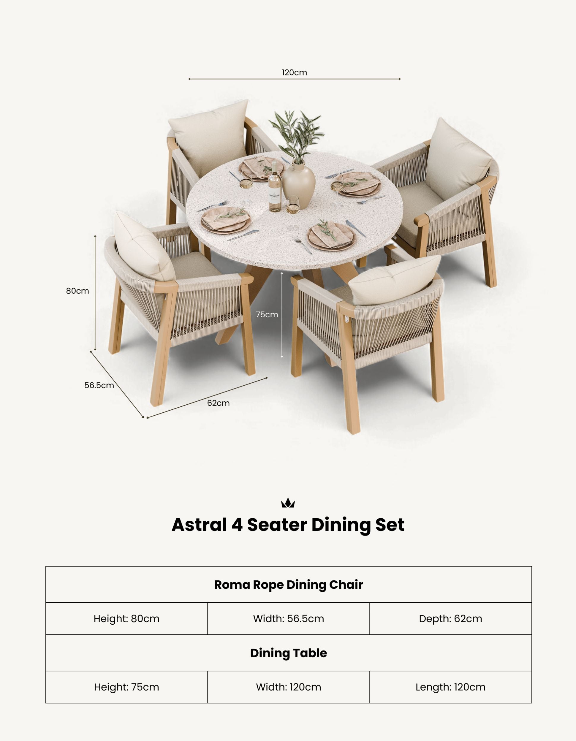Image of Astral 4 Seater Round Concrete Terrazzo Dining Set with Roma Dining Chairs