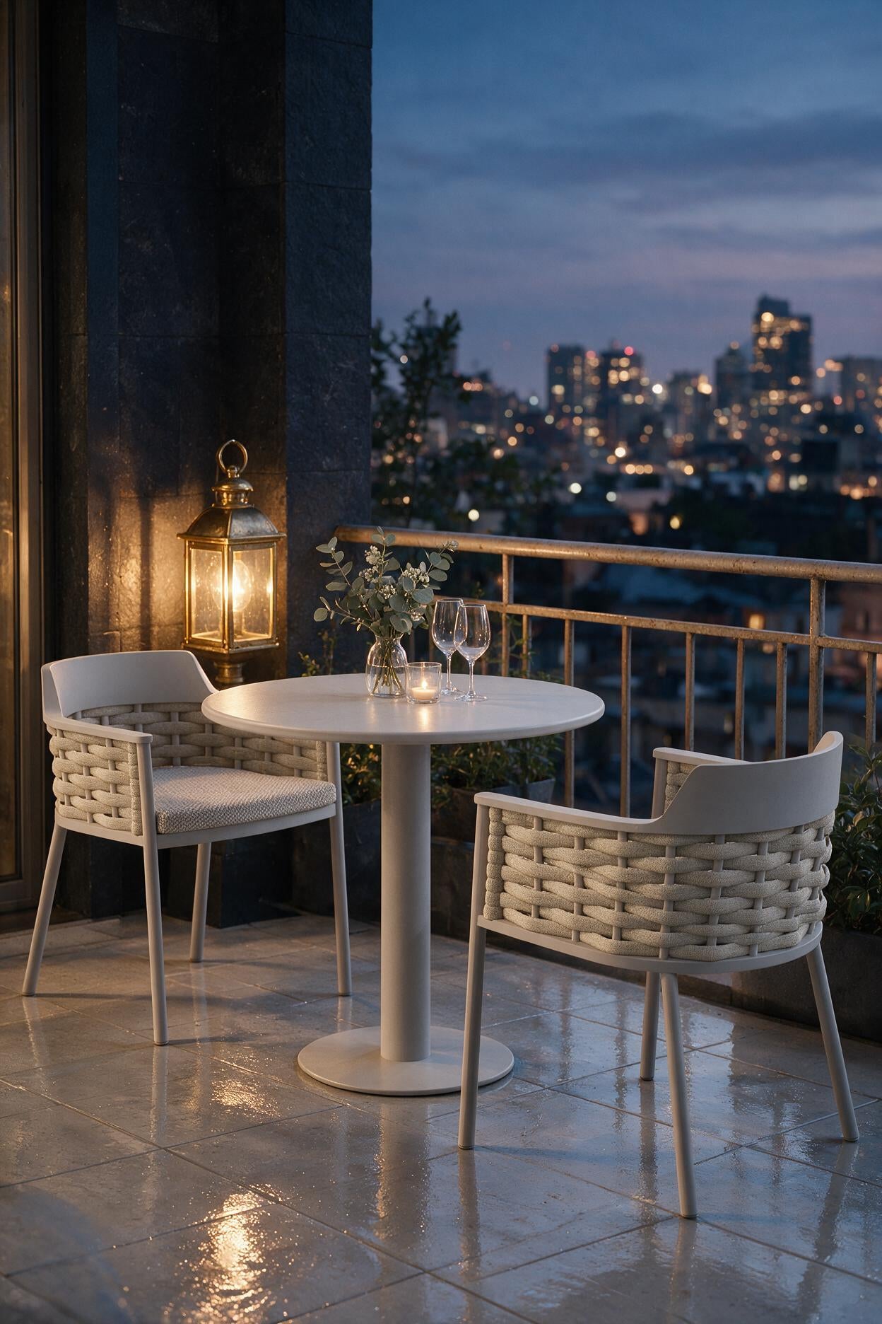 Image of Outdoor patio dining set with a round white table and two woven armchairs on a tiled balcony, lit by a lantern and candle, overlooking a city skyline at dusk.