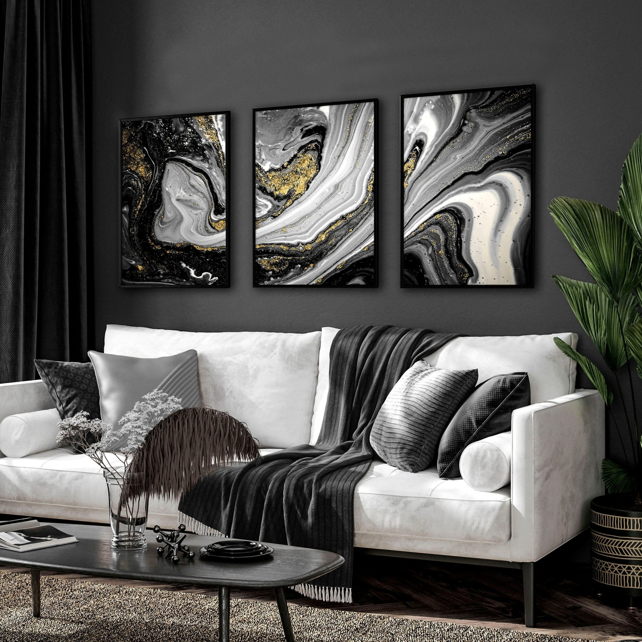 Image of Black & Gold Wall Decor – Set of 3 Abstract Prints