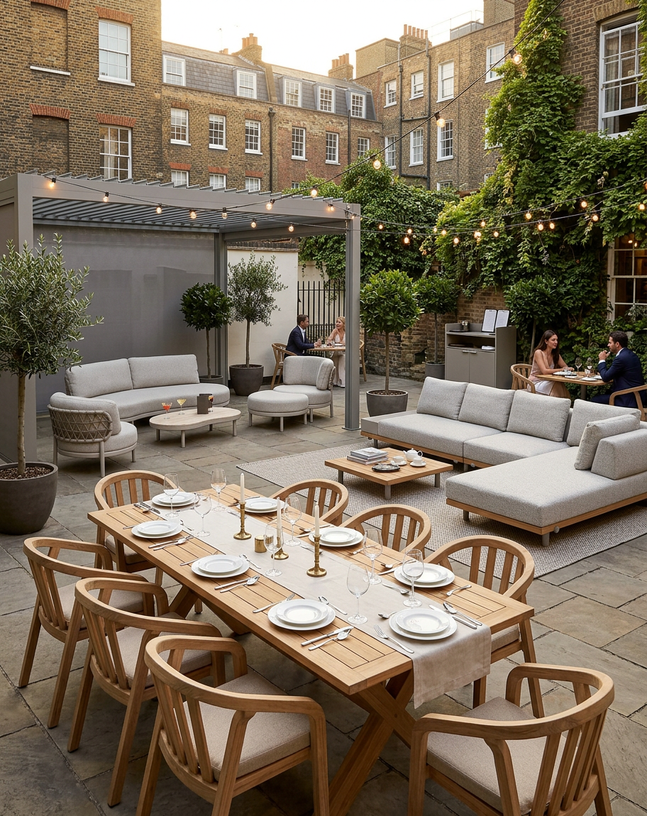 Image of Outdoor patio with tables, chairs, and people in an urban setting