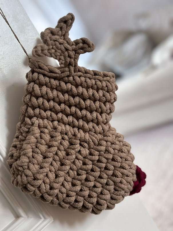 Image of Crochet Reindeer Stocking | Cappuccino & Red Nose
