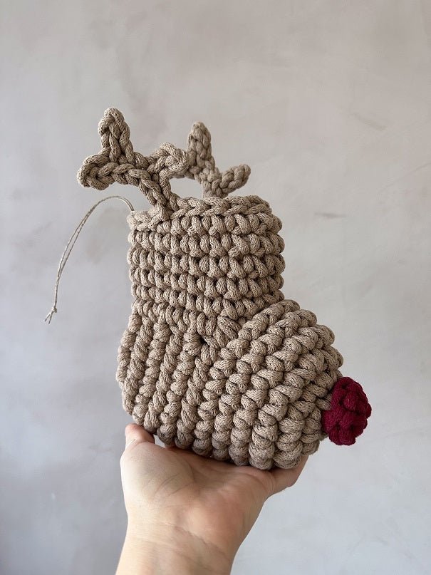 Image of Crochet Reindeer Stocking | Cappuccino & Red Nose