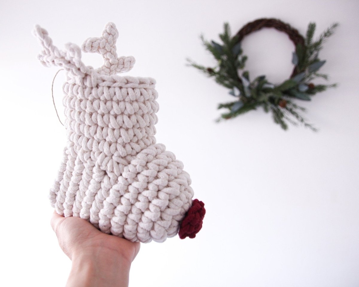 Image of Crochet Reindeer Stocking IVORY & RED NOSE