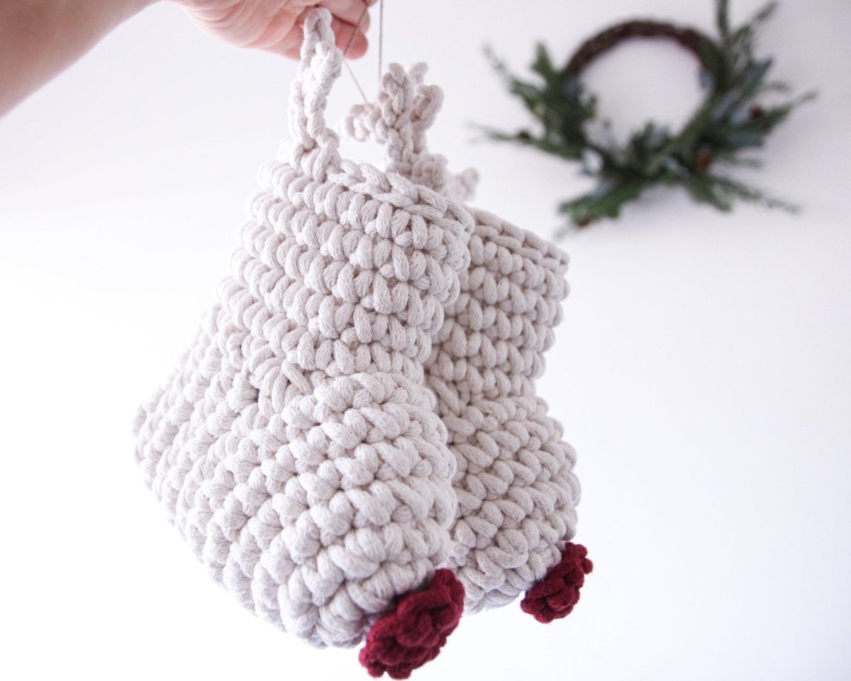 Image of Crochet Reindeer Stocking IVORY & RED NOSE