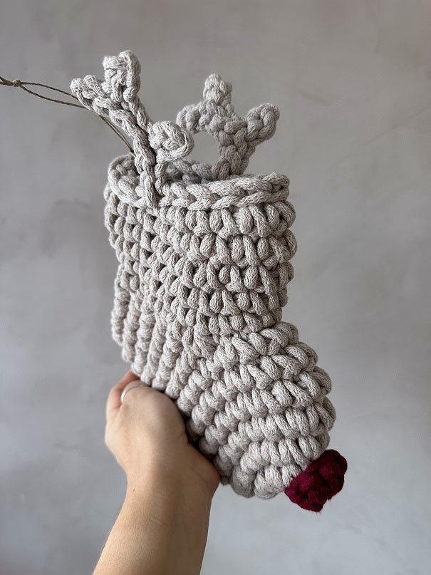 Image of Crochet Reindeer Stocking OATMEAL & RED NOSE