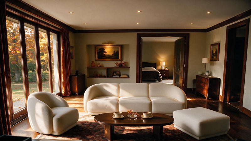 A luxury living room featuring a cream-colored curved sofa, a matching armchair, a white ottoman, and a dark wood coffee table, set against a background of dark wood trim, recessed lighting, and large windows showing an autumn garden view.