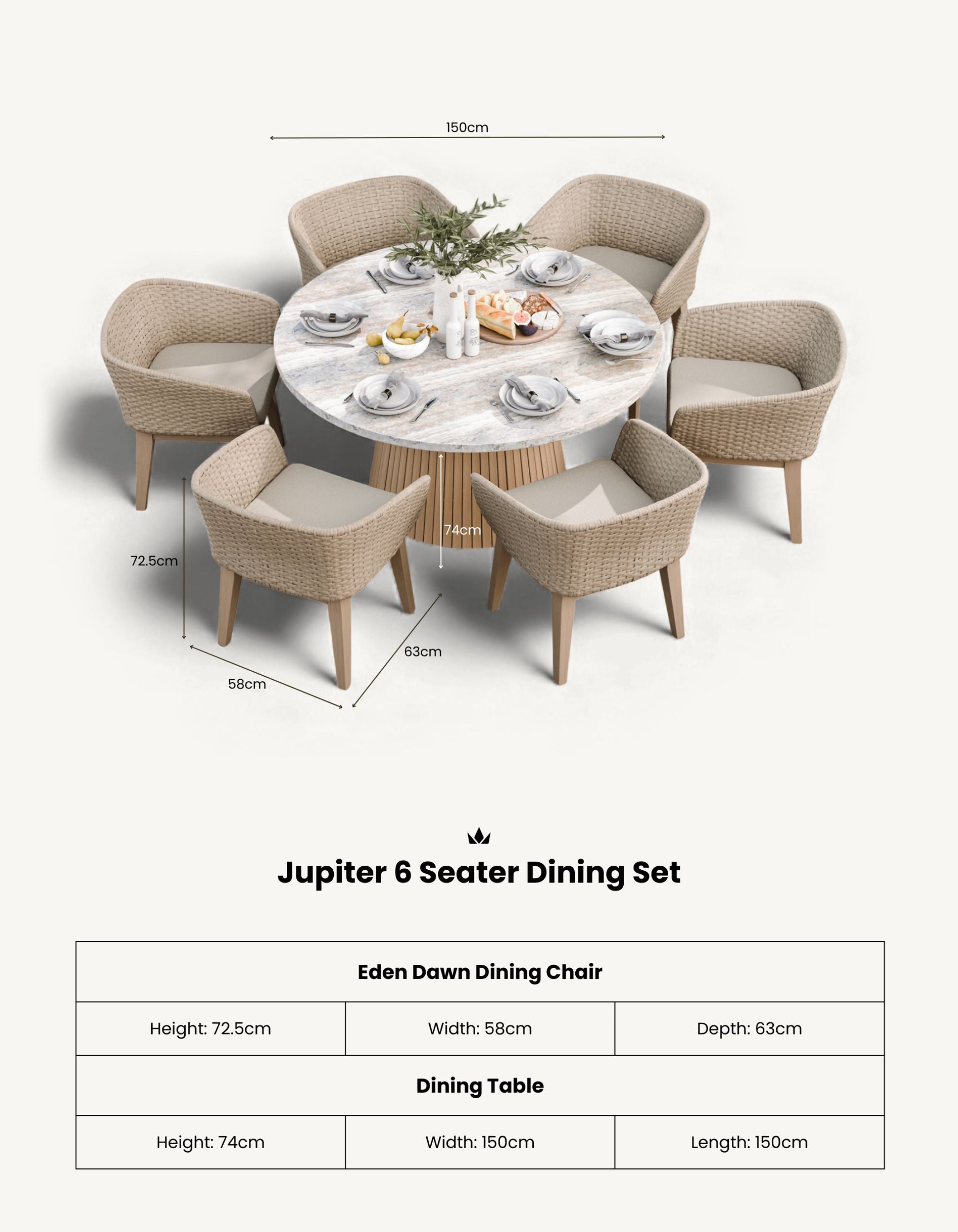 Image of Jupiter 6 Seater Round Conical Dining Set with Eden Dawn Dining Chairs