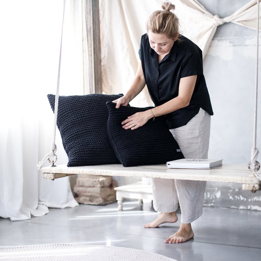 Image of Knitted square cushion | CHARCOAL